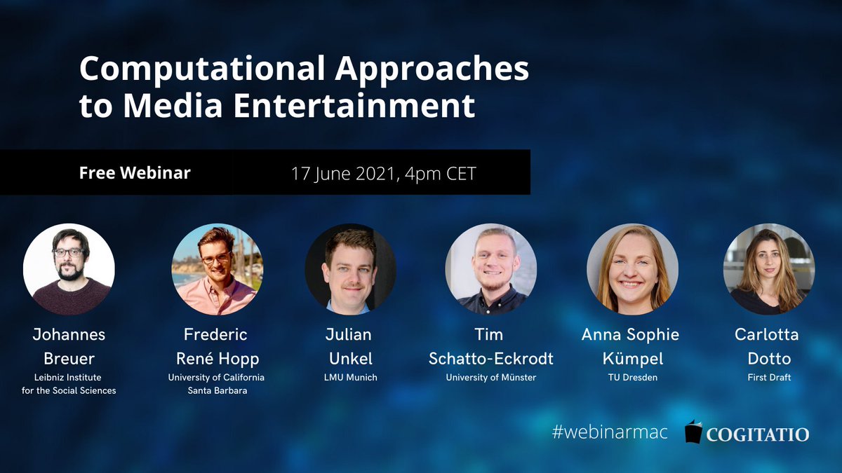 📅 This month's webinar has now been scheduled! Join us on 17 June, 4 pm CET to talk about computational approaches to media #entertainment: bit.ly/3iq8bFP

We'll be discussing the #research results of our 2020 thematic issue on the topic 👉 bit.ly/3v8a0cU