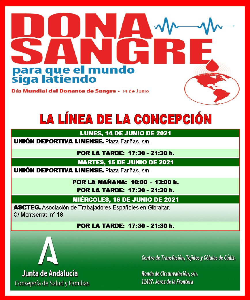 DONACIÓN DE SANGRE 

📆 14, 15 y 16 de junio
📍 Unión Deportiva (lunes 14 y martes 15) y ASCTEG (miércoles 16)
⏰ Tardes de 17:30 a 21:30 y martes 15 por la mañana de 10:00 a 13:00

Colabora para que el mundo siga latiendo.