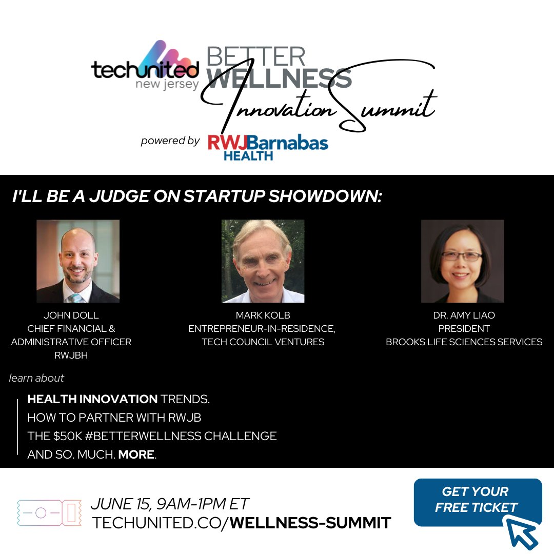 Join us: Startup Showdown x #BetterWellness Innovation Summit to discover how we can build a #BetterFutureForAll via healthcare innovation! Get your free ticket at bit.ly/3cvWRUJ
<a href="/WeAreTechUnited/">TechUnited:NJ</a> <a href="/RWJBarnabas/">RWJBarnabas</a>