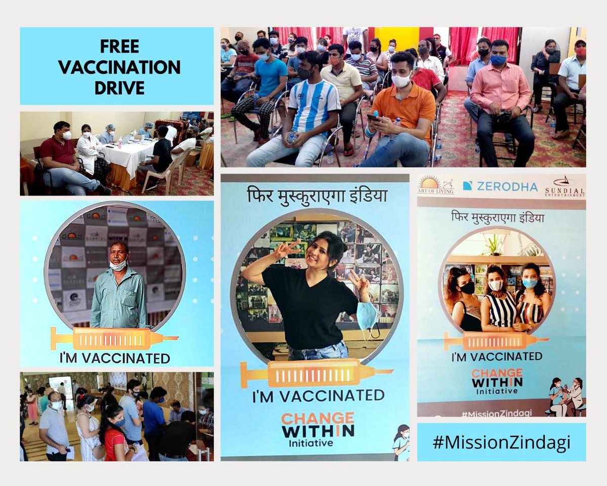 Art of living, Change Within & Zerodha jointly organised a free vaccination drive for members of Media & Entertainment industry in mumbai.  #MissionZindagi #ChangeWithin #COVIDVaccination