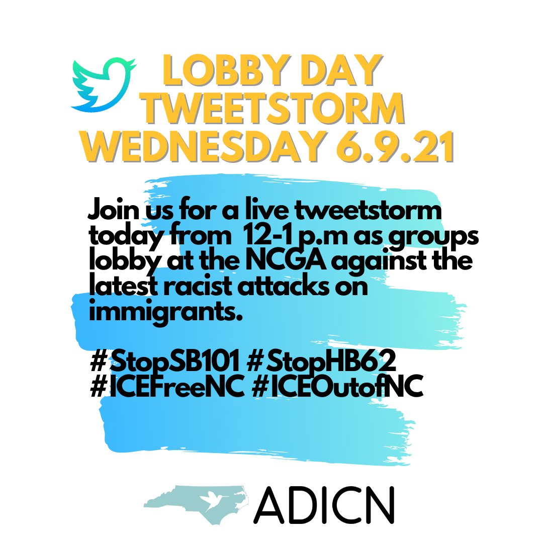 HAPPENING TODAY at 12 PM: Show support for our immigrant community that is lobbying today at the #NCGA against anti-immigrant proposals endangering NC communities. Follow the hashtags: #ICEFreeNC #ICEoutofNC #StopSB101 #StopHB62