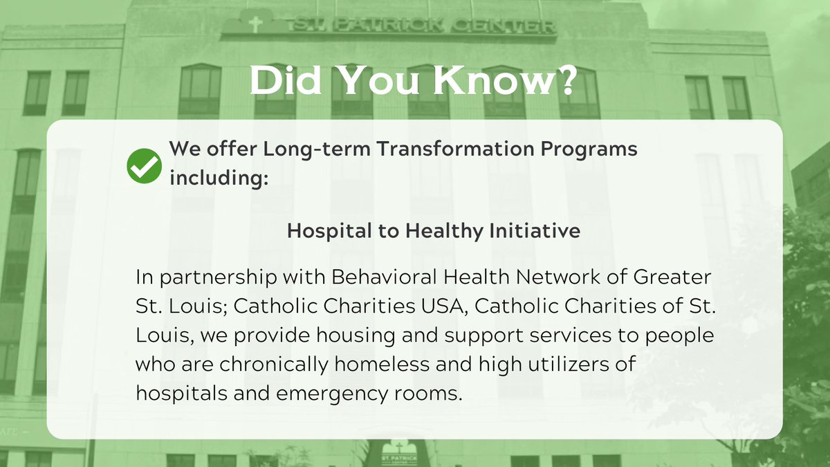 Our Hospital to Healthy Initiative is in partnership with <a href="/BHNstl/">Behavioral Health Network</a>; <a href="/CCharitiesUSA/">Catholic Charities USA</a>, <a href="/cc_stl/">Catholic Charities of St. Louis</a>! We provide housing &amp; support services to people who are chronically homeless and high utilizers of hospitals &amp; ERs. #STL #EndHomelessness