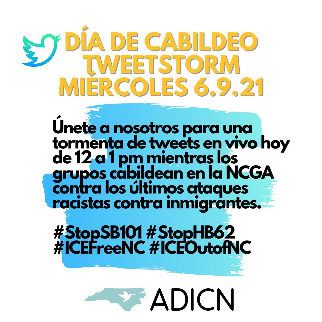 HOY: Muestra tu apoyo y únete con nosotros para decirle al #NCGA no mas leyes racistas! #ICEFreeNC #ICEoutofNC #StopSB101 #StopHB62