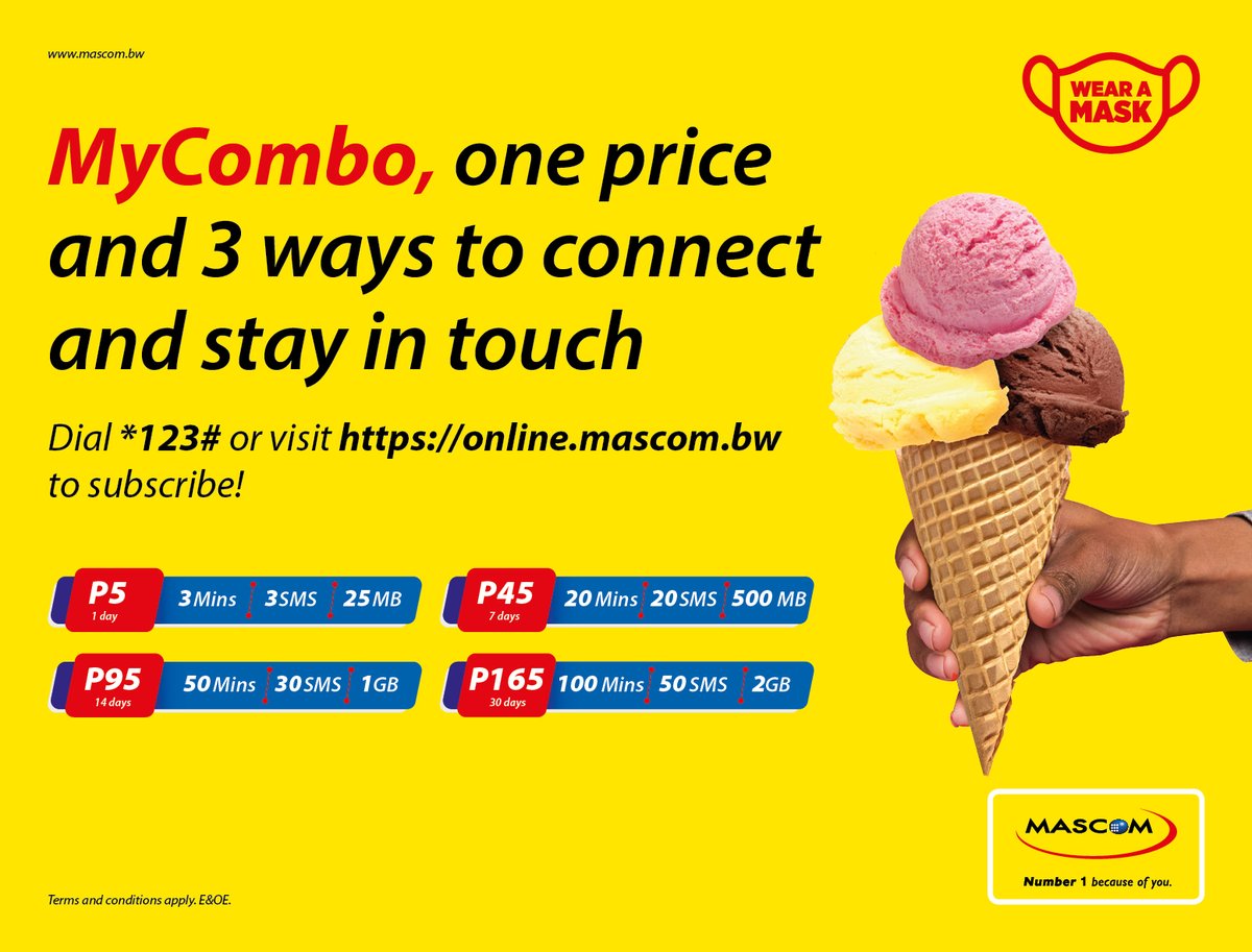 MascomWireless's tweet photo. Different ways to connect, all for one price with MyCombo.😀Get all access data, local calls, and local SMS’ today. Dial *123# or visit https://t.co/sKuTmCFNvC for a combo bundle.
#MyCombo #Number1BecauseOfYou https://t.co/TfF099HI19