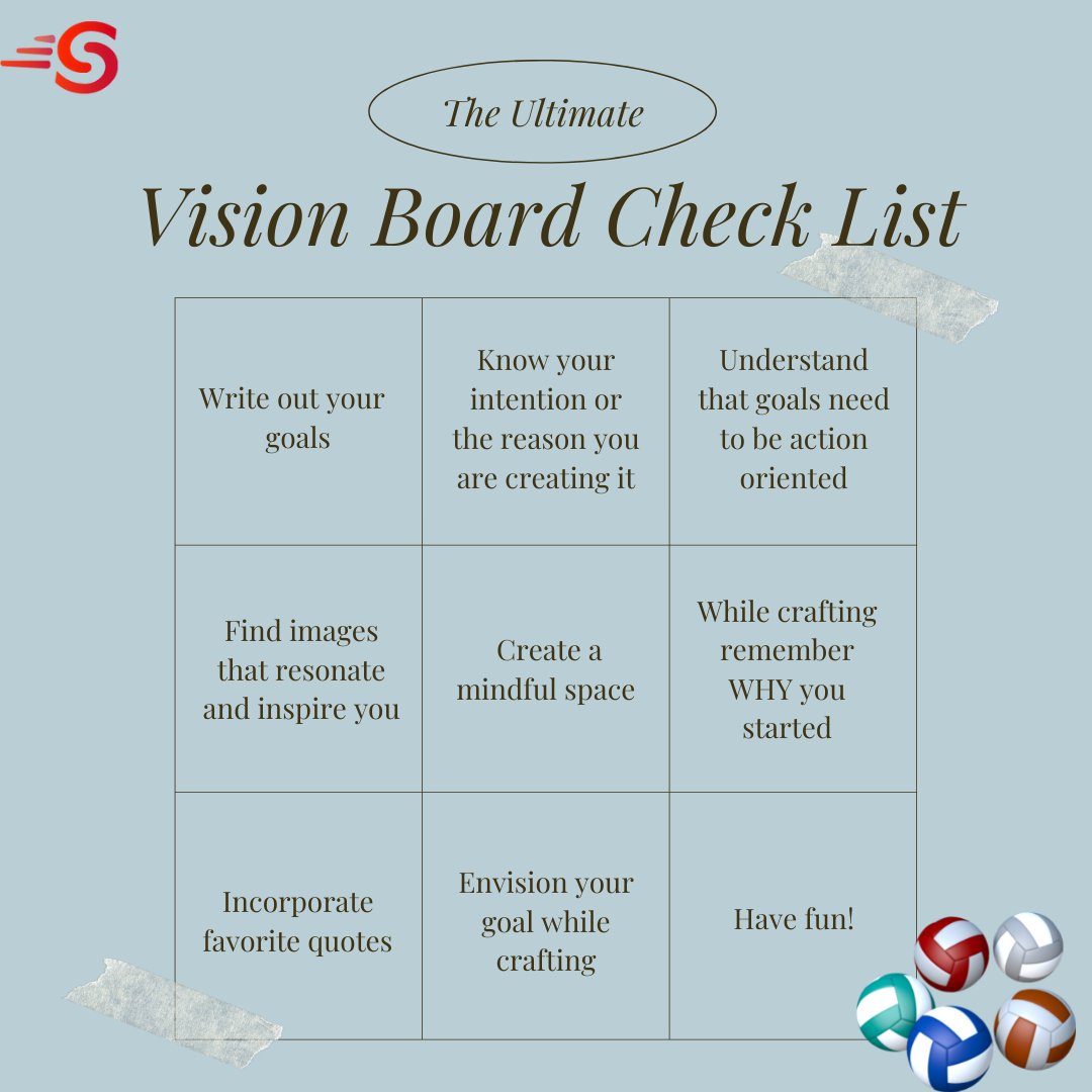 SportStrata's tweet photo. Creating a vision board is a great way to visualize specific performance goals. This can include anything that inspires you to reach that goal: pictures, favorite quotes, memories, &amp; more. Here is a checklist of some ideas you will want to consider while making your vision board. https://t.co/3QWNoSlaXM