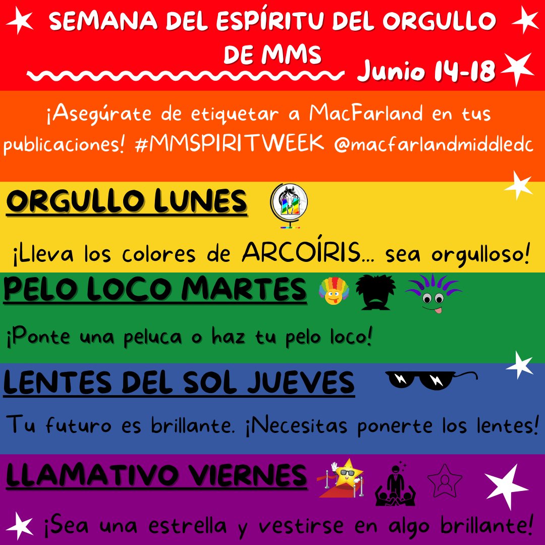 🏳️‍🌈PRIDE Spirit Week is coming up next week! Can't wait to see what you wear everyday next week! 🌈 . 🏳️‍🌈PRIDE Spirit Week se acerca la próxima semana! ¡No puedo esperar a ver qué te pones todos los días la próxima semana! 🌈