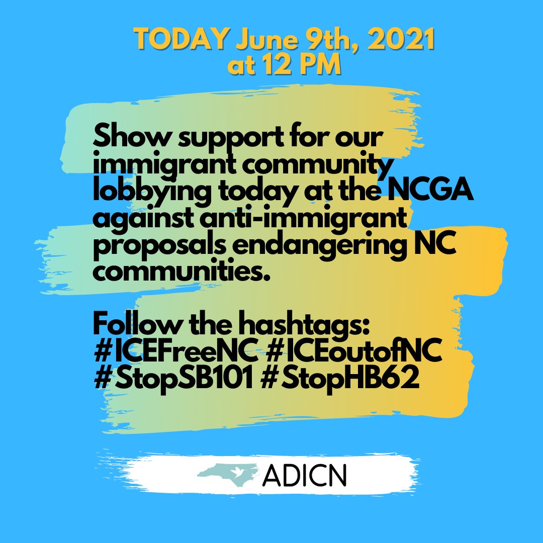 Join us for a live tweetstorm today 12-1PM as groups and advocates lobby at the #NCGA against the latest racist attacks on immigrants. #StopSB101 #StopHB62 #ICEFreeNC