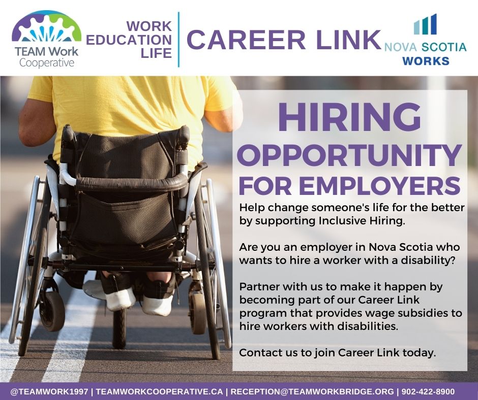 TEAMWork1997's tweet image. Our #CareerLink program is seeking employers in Nova Scotia that would like to work with us on job placement strategies for People with Disabilities.

If your organization is interesting (or knows of one that is), please email Rob at rcasey@teamworkbridge.org.

#CareerExperts