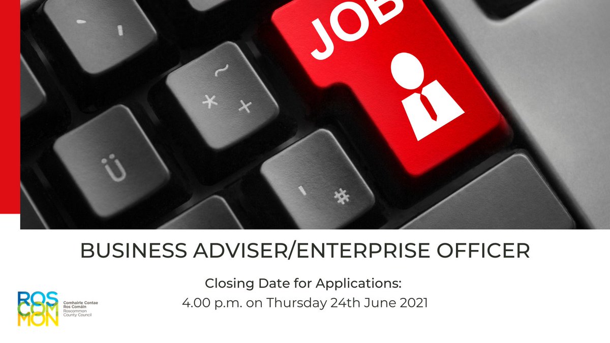 roscommoncoco's tweet photo. Roscommon County Council are inviting applications from suitably qualified persons for the position of:
✔️BUSINESS ADVISER/ENTERPRISE OFFICER
Details at: ⏩https://t.co/nA4JSJrxPA
📅Closing Date: Thursday 24th June 2021
#RoscommonJobs #Roscommon #Jobs #JobVacancy #Enterprise https://t.co/qjAq6j4Wpt