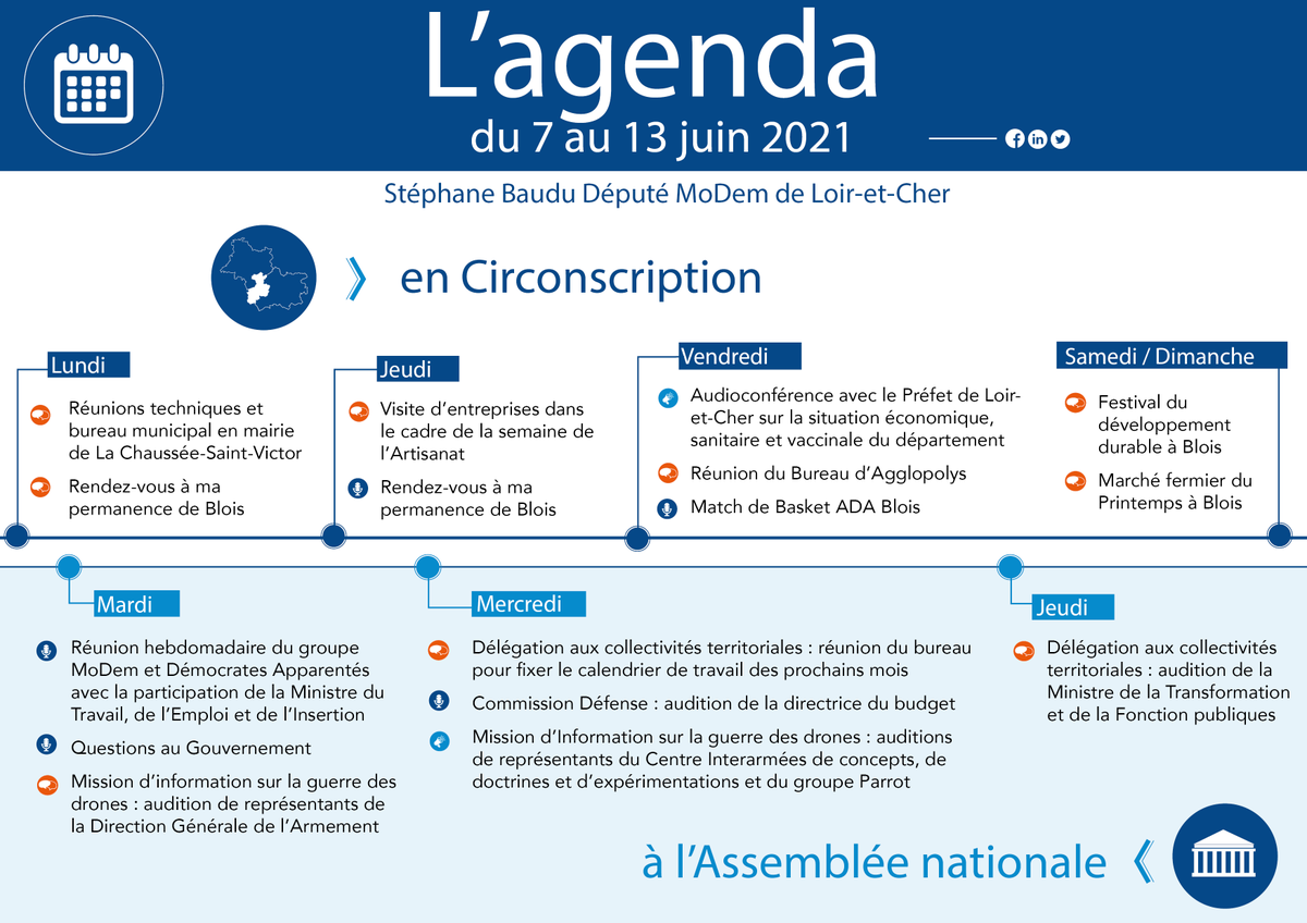 📌🗓️Retrouvez dans mon agenda ci-dessous 👇l'ensemble de mes activités de cette semaine.
#Circo4101 #LoiretCher <a href="/AssembleeNat/">Assemblée nationale</a> <a href="/DeputesDem/">Les Démocrates</a>