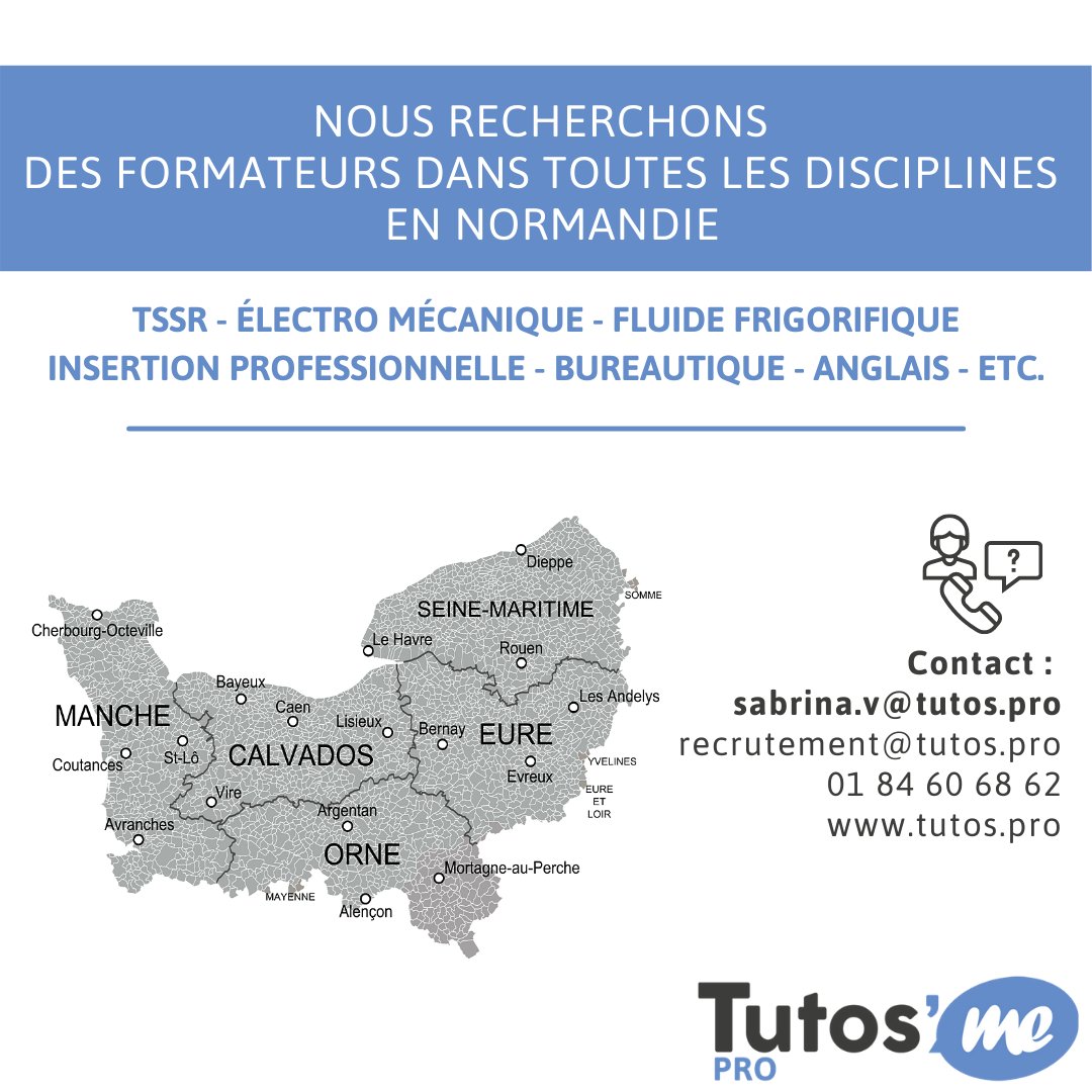Bonjour,
Vous êtes formateur indépendant ? Vous recherchez de nouvelles missions régulières en Normandie ? Rejoignez-nous ! 
Pour plus d'informations, contactez-nous : 
👉 sabrina.v@tutos.pro
#offreemploi #formpro #formationprofessionnelle #Formateur
