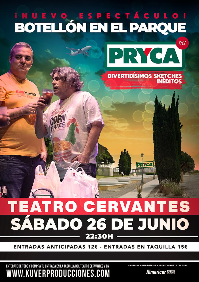 ESTRENO 'BOTELLÓN EN EL PARQUE DEL PRYCA' 💥😎

¡¡¡Ven a pasarlo en grande con este nuevo show lleno de sketches inéditos!!! 👈 Un espectáculo protagonizado por Paco Calavera y Pepe Céspedes.

🎟 kuverproducciones.com
