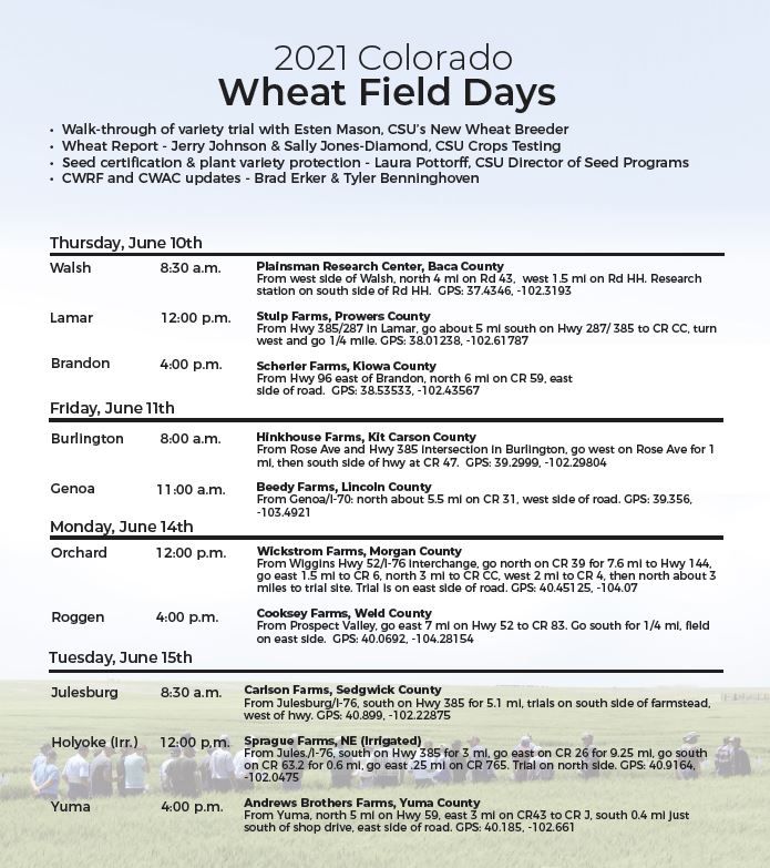 Just a reminder that Colorado Wheat Field Days start tomorrow!