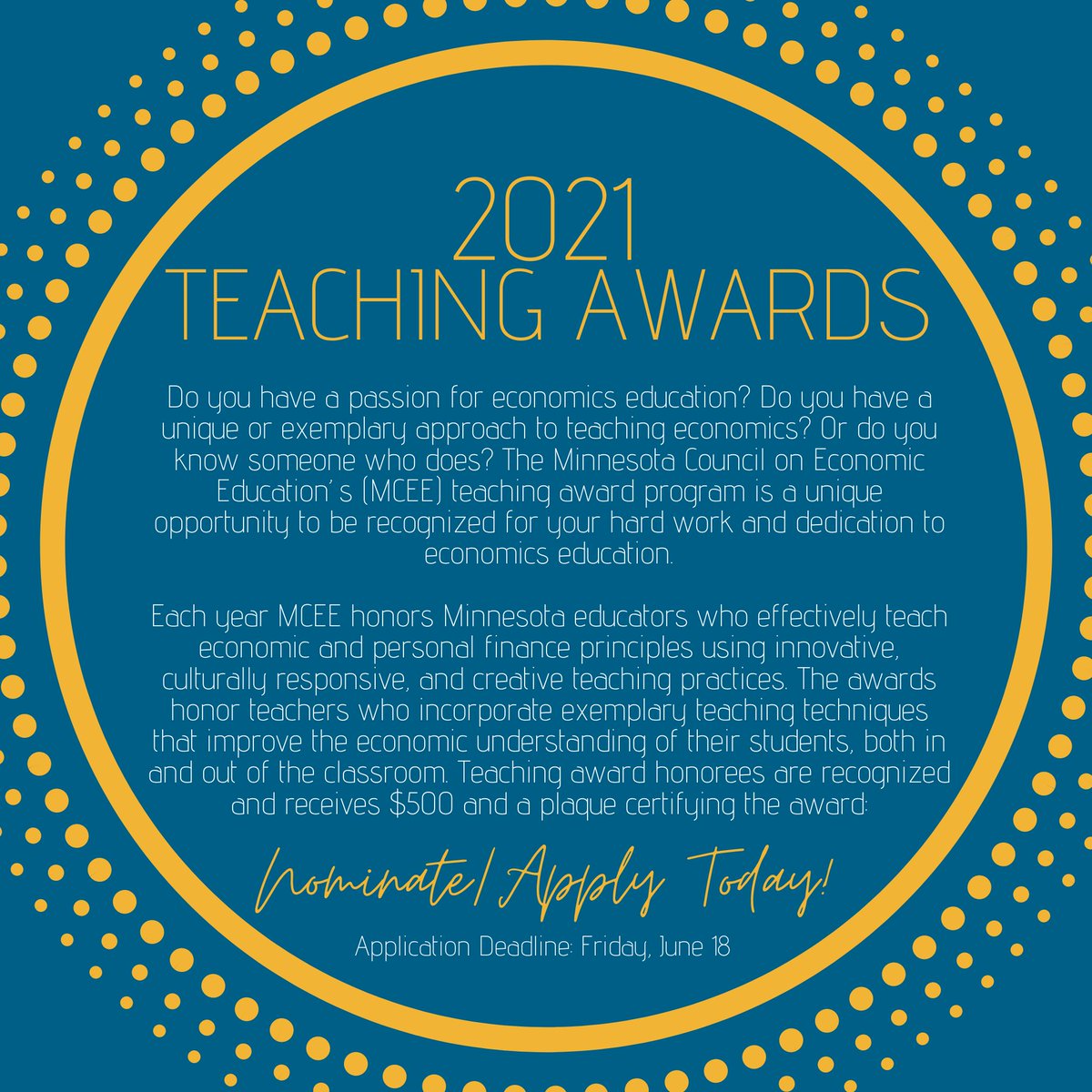 Here is your opportunity to recognize the outstanding educators in Minnesota! Teaching Award Nominations/Applications are closing shortly! z.umn.edu/Teaching-Awards