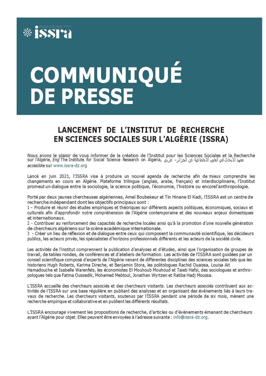يسعدنا إبلاغكم بإنشاء معهد الأبحاث في العلوم الاجتماعية عن الجزائر

It is with great joy that we announce the launch of the Institute for Social Science Research on Algeria (ISSRA). 

Nous sommes heureux de vous annoncer le lancement de l'ISSRA.

issra-dz.org
