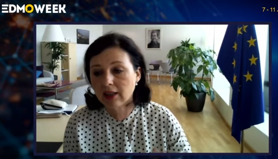jospang's tweet photo. .@VeraJourova, Vice President for Values and Transparency of the @EU_Commission, speaking at #EDMOweek stating importance of #medialiteracy, the need to counter #disinformation by rigorous #factchecking, regulation as and where needed, research, cooperation, data sharing & more https://t.co/LncjFavu6x