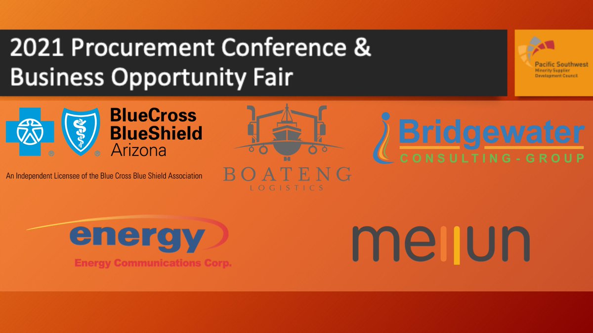 PSWMSDC's tweet image. PSWMSDC would like to thank our sponsors of the 2021 Procurement Conference and Supplier Diversity Excellence Awards.

We would like to thank @BCBSAZ, Boateng Logistics, @Bridgewater Consulting, Energy Communications Corp and Meijun for their sponsorship. 

#PSWMSDC2021