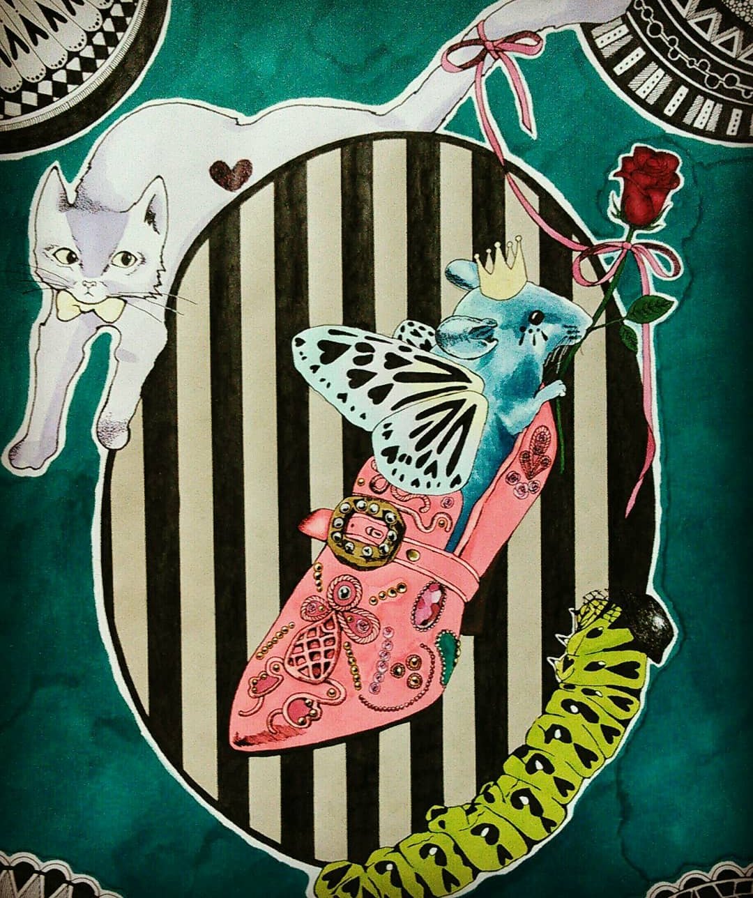2hono3 オリジナルイラスト 仲の悪いイメージのある猫とネズミですがネズミの持っている薔薇と猫のしっぽをリボンで結びつける事で2匹が恋をしている所を表現しました オリジナルイラスト 手描きイラスト コピックイラスト ペン画 動物