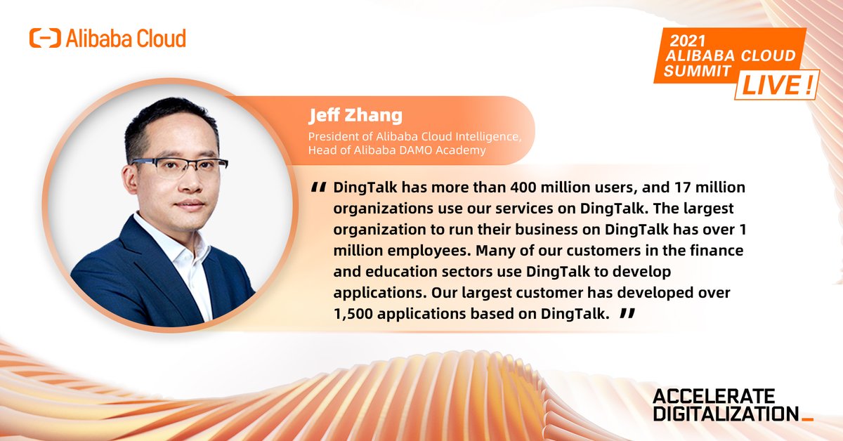 alibaba_cloud's tweet photo. DingTalk provides service to 400M+ users, 17M organizations &amp; company w size up to 1M employees. "Our largest customer has developed 1.5k+ apps on DingTalk": Jeff Zhang, President of Alibaba Cloud Intelligence, to #2021AlibabaCloudSummit
#AccelerateDigitalization #lowcode #NoCode https://t.co/cJY2HhIgBg