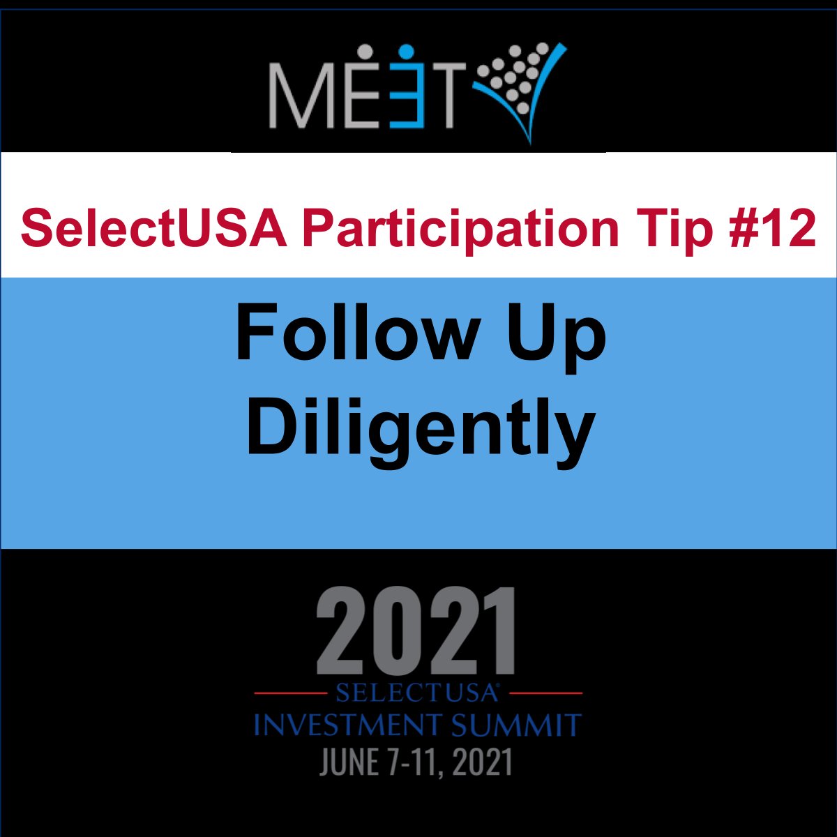 Follow-up at an event like #SelectUSASummit is key to relationship building and event success! Develop pre-written text by persona type and reach out the same day you connect - not next week. Keep following up until there is a next step. For all 12 tips: meetroi.com/ready-for-sele…