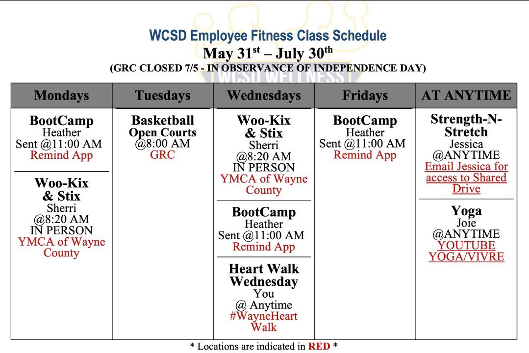 wstr_wellness's tweet photo. Check out the updates WCSD Staff Fitness Calendar. For full details on classes and their locations, follow the link to the Wellness Website:
https://t.co/Tlfhl2VTzi https://t.co/ZFyAemOW6c