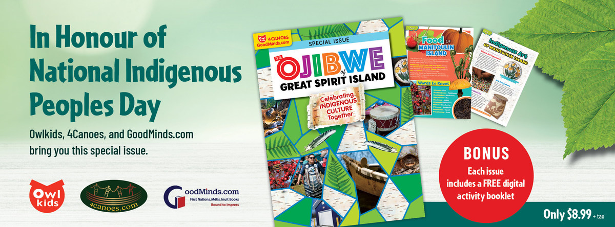 In Honour of #NationalIndigenousHistoryMonth and #NationalIndigenousPeoplesDay <a href="/owlkids/">Owlkids Publishing</a>, <a href="/4_canoes/">4Canoes</a> and <a href="/GoodMindsBooks/">GoodMinds.com</a> are releasing The Ojibwe of Great Spirit Island magazine to celebrate Indigenous culture! Pick up yours today! prn.to/3pACOKa