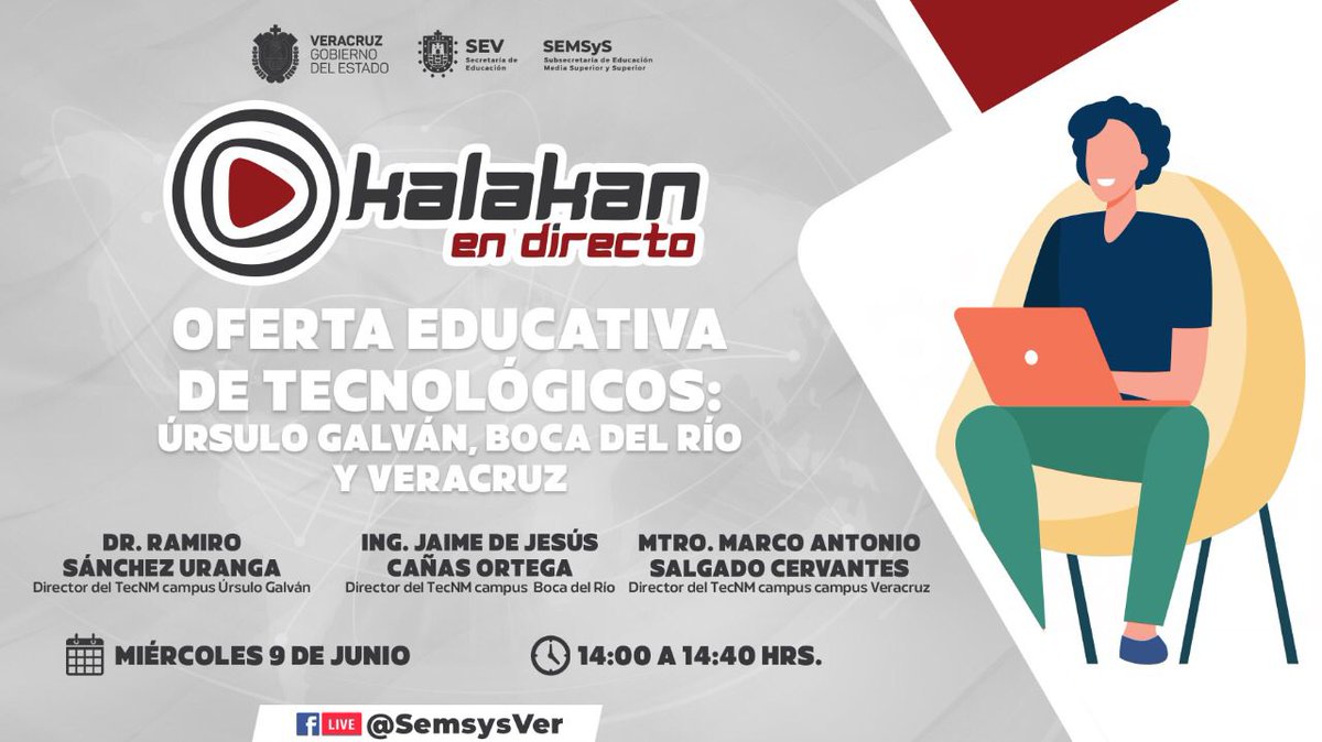 itboca_tecnm's tweet photo. ✅ Este miércoles 9 de junio, nuestro director del TecNM Campus Boca del Río Jaime de Jesús Cañas Ortega estará en el programa KALAKAN. Te esperamos en el programa “KALAKAN, 🎥 En Directo”, nos vemos a las 14:00 horas ⏰ por Facebook Live. ¡No te lo pierdas! https://t.co/1jnhWIcOxn