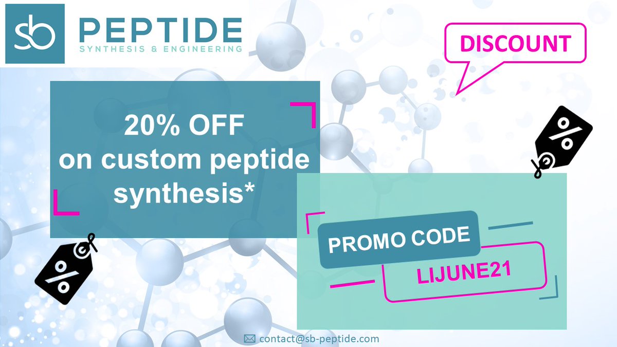 SBPEPTIDE's tweet photo. Get 20% off on your customized peptides until June 30 2021. 
This special offer is valid for unmodified peptides up to 40aa. 
Promocode to be used: LIJUNE21.

Subscribe to our newsletter : https://t.co/4tqaot2hV2

Get a quote : https://t.co/TmWCn2dCuy

#peptide #custompeptide https://t.co/EgbmdU3jHj