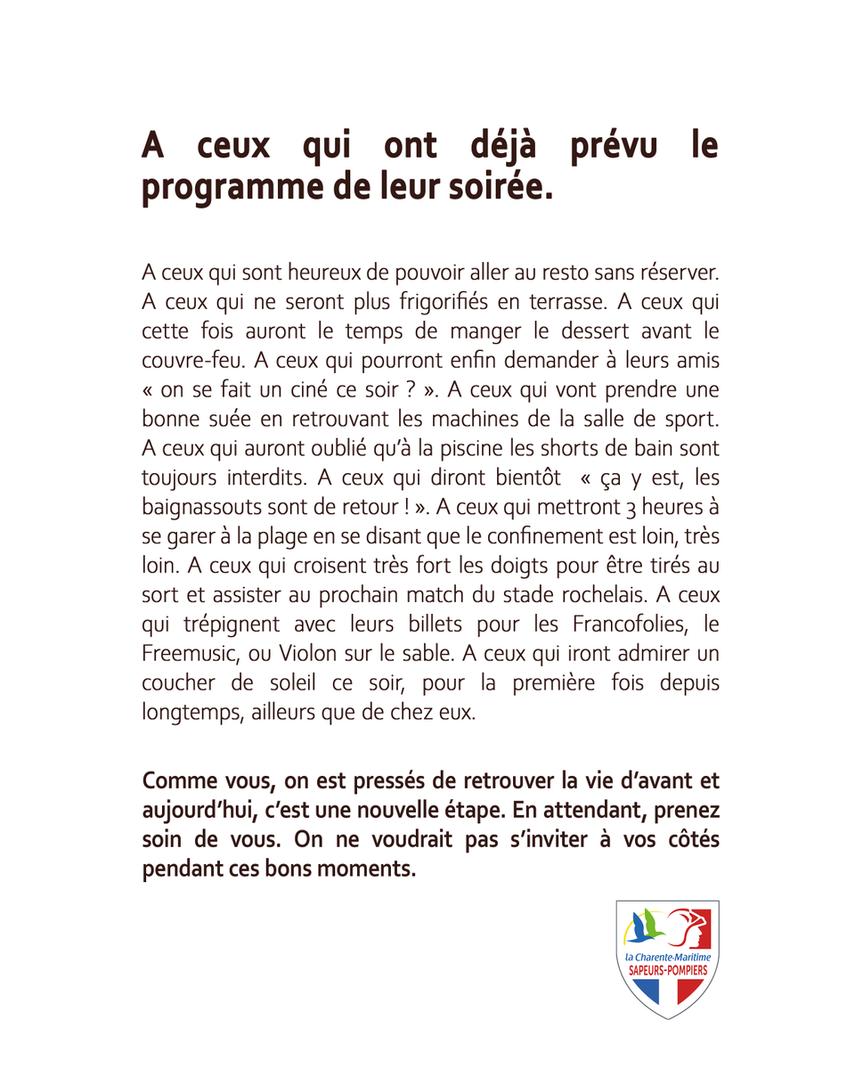 SDIS17's tweet photo. [9 JUIN]
Gastronomes, sportifs, cinéphiles, supporters, festivaliers,  ... aujourd'hui,  il y a comme un air de liberté dans l'air et on a une pensée pour chacun d'entre vous !
#9juin #Deconfinement https://t.co/2nV4gJxiYG