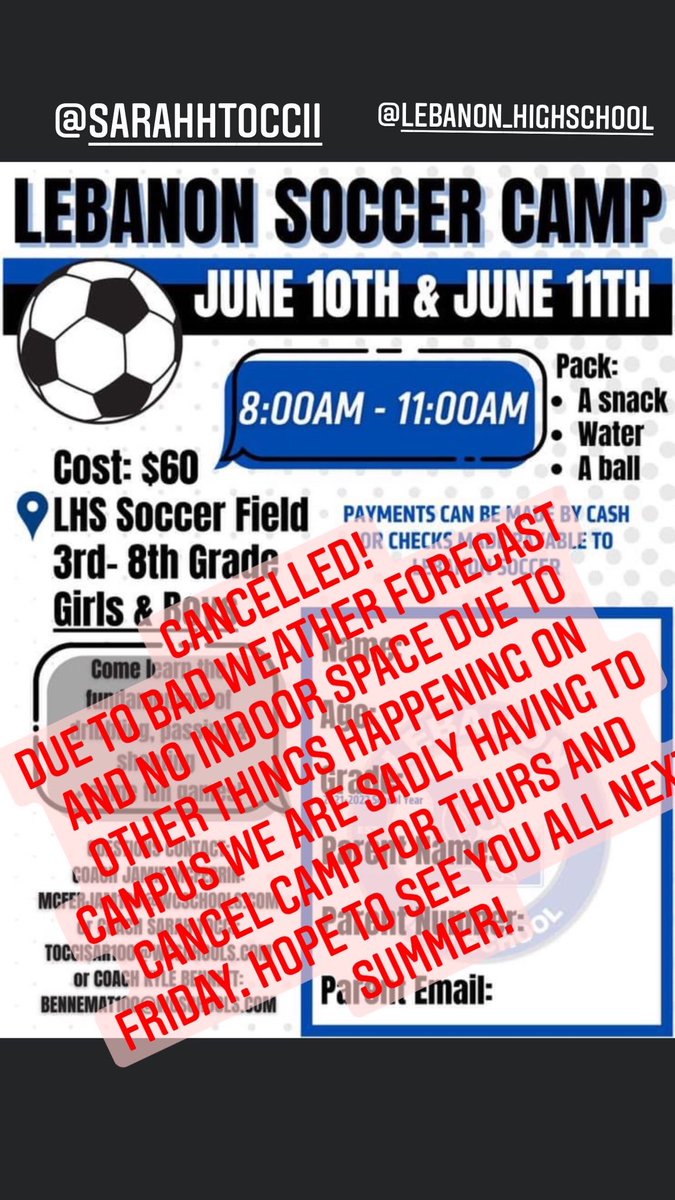🚨🚨🚨CAMP CANCELLED! Sadly We due to bad weather forecast and no indoor space due to other things happening on campus we are sadly having to cancel camp for thurs and Friday. Hope to see you all next summer <a href="/SarahTocci15/">Sarah Tocci</a> <a href="/ima_great/">Kyle Bennett</a> @ZachMartinLHSAD <a href="/MScottWalters/">Scott Walters 😎</a> <a href="/LHS_LadyDevils/">Lebanon HS Girls Soccer</a>