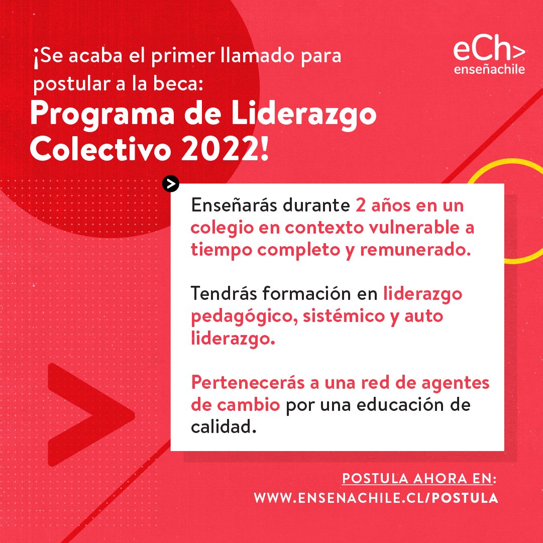 ensenachile's tweet photo. Trabaja por un Chile más justo 📌 Queda una semana para que se cierre el primer llamado a la beca: Programa de Liderazgo Colectivo 2022 ✏️ Queremos que conozcas el desafío desde el terreno ¡Sé parte de Enseña Chile! 📕 Postula aquí: https://t.co/S0FyaVnqag https://t.co/v3qXnxcvmM