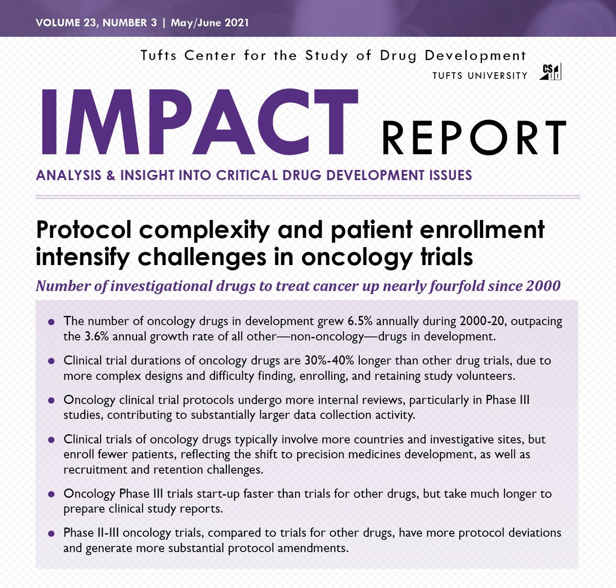 TuftsCSDD's tweet photo. NEW May/June 2021 Impact Report presents new research examining and benchmarking the unique executional challenges associated with cancer clinical trials.

Learn more: https://t.co/iOc5ZpUzDg

#drugdevelopment #clinicaltrials #oncology #protocolcomplexity https://t.co/NPIncXKMGO