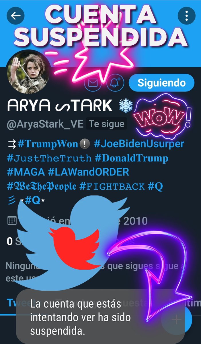Liz_SalanderUS's tweet photo. @Samara_05051 @lubys311 @juantorelo @KhintiIa @jotavino @Twitter @TwitterLatAm @TwitterSeguro @TwitterSupport @juantorrelo @bandera_es @GalloAnonymous @JoelvinRV @vivi190473_ @HispaniaIb @freddyeuclides @FranciscoM1816 @ALTAMIRANA2 @AryaStark_VE @Calleigh_D @2_WhistleBlower @ell160 @TaFeaLaVerga @talkywalkythink @ReLaraT @ranasilvia63 @EdwinRi62427568 @Franaima @gloriamallarino @ProtestaMilitar @jagraterol2 @girasol0626 @Samara_0505 @twistedmetaljoe @L70OZ @FuerzaDederecha @Mapache18 @Manuel55782272 @CarmenRevista @mortizherrera @Yoopino181 @cianurosex @mariajo05884747 @mildred245 @jorfanelli_2 Señores:
@Twitter
@TwitterSeguro
@TwitterSupport

Habéis SUSPENDIDO la cuenta de
⇨ @AryaStark_VE
sin ningún motivo, sin previo aviso y sin haber incumplido ninguna regla❕
Exigimos la REACTIVACIÓN
INMEDIATA⚠️
🔜
.@Twitter➷
#DevuélvemeMiCuenta☜︎
➷
CUENTA
#SUSPENDIDAporTWITTER https://t.co/5glXJ2N9Ir