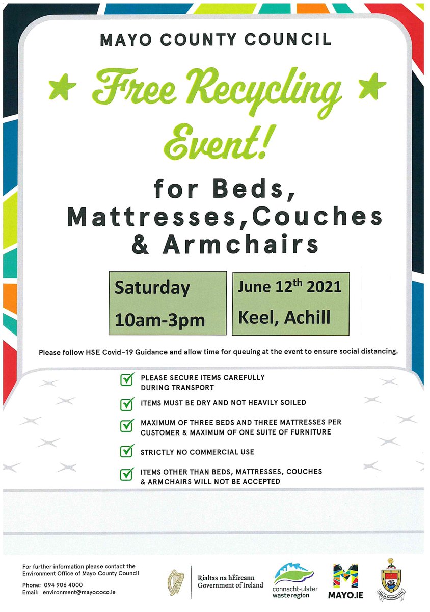 MayoCoCo's tweet photo. Have you got any old couches, armchairs, beds or mattresses in your home?
We will be holding a free recycling event for householders on Saturday, June 12th from 10am-3pm in Keel, Achill.
Please allow for time queuing to ensure social distancing.
#mywaste #stopthedumping https://t.co/iG6jCMFk9u