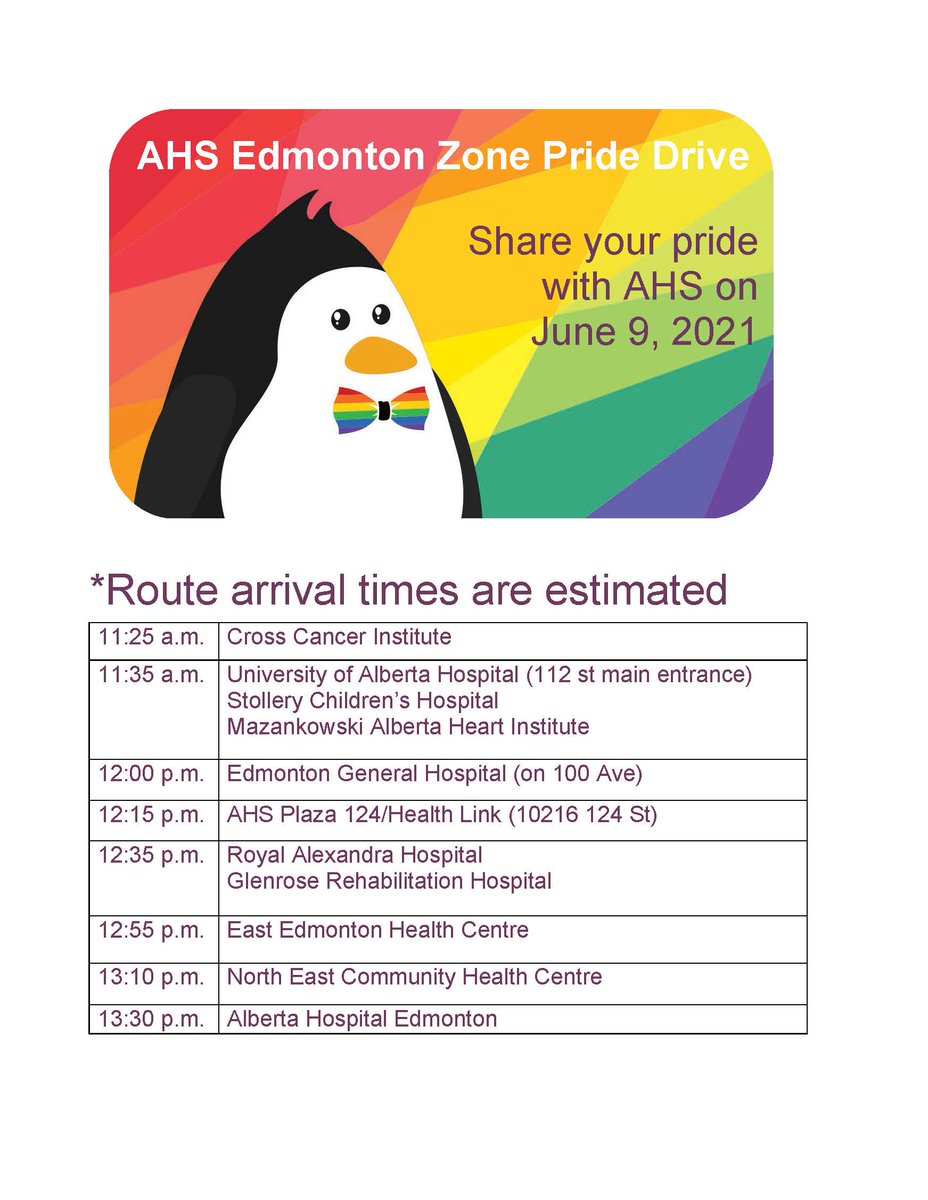 Alberta Health Services (AHS) is celebrating the diversity our people bring to the AHS family with a Pride Drive across the Edmonton Zone today. AHS patients, staff, physicians, volunteers, as well as the public, can show their support by wearing their pride #AHSpridedrive