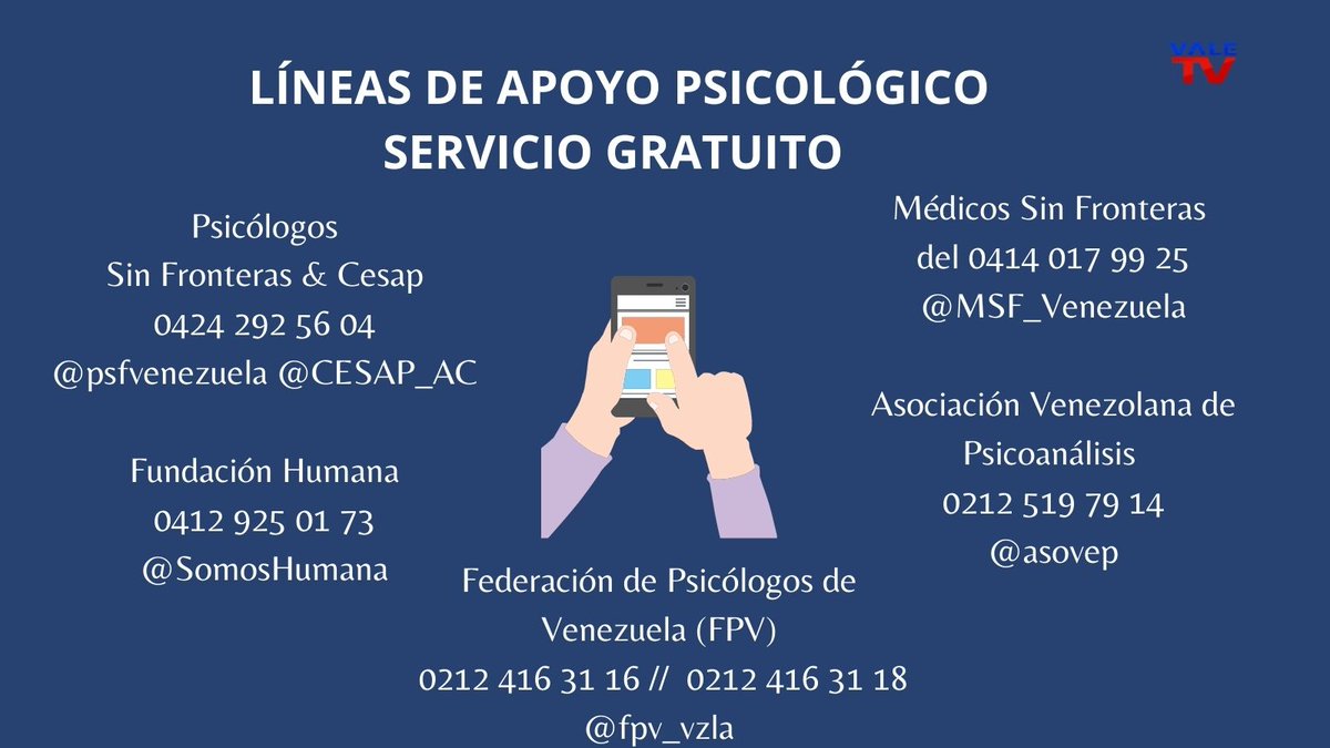 ValeTVCanal5's tweet photo. #InformaciónÚtil || 

El #Covid19 sigue presente y, en medio de las dinámicas alteradas podemos sentirnos abrumados y necesitar ayuda. Aquí, los datos de un grupo de instituciones al servicio de atención al ciudadano. #VALETV https://t.co/2CGlO834Yk