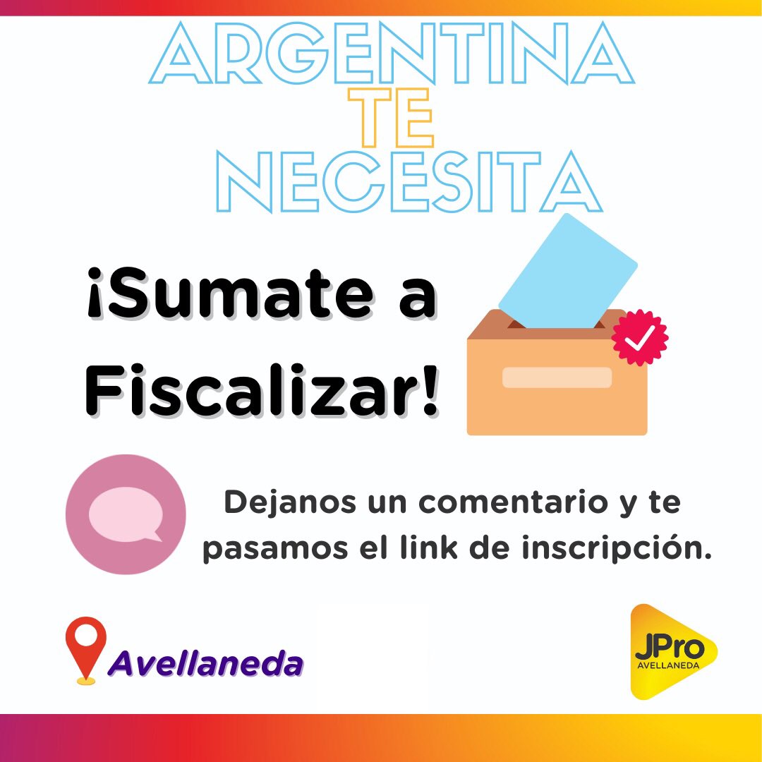jpro_avellaneda's tweet photo. ¡SUMATE A FISCALIZAR! 💪🏼

En Avellaneda estamos buscando fiscales para la próximas elecciones y queremos que seas parte.

 Te dejamos el link de inscripción https://t.co/uQ7M3QHO8s o respondenos este tweet acá abajo 👇🏼 y nosotros te contactamos por privado. https://t.co/lkljjpLNc6