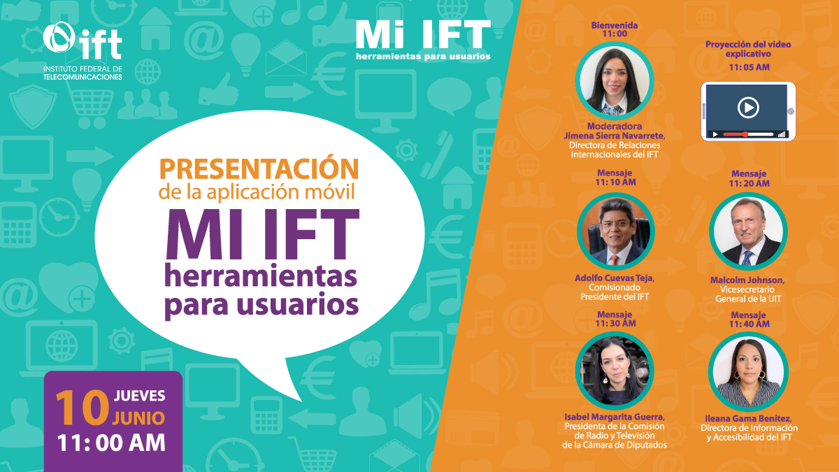 IFT_MX's tweet photo. ¡Que no se te pase! Mañana presentamos #MiIFT, la nueva #Herramienta del @IFT_MX, en la que podrás comparar tus servicios de #Telecom, conocer la cobertura móvil, ingresar quejas si tus servicios de #Telecom no funcionan y ¡mucho más! #TrabajamosParaTi
⌛️11:00 am
🗓️10 de junio https://t.co/3oGBe5UplY