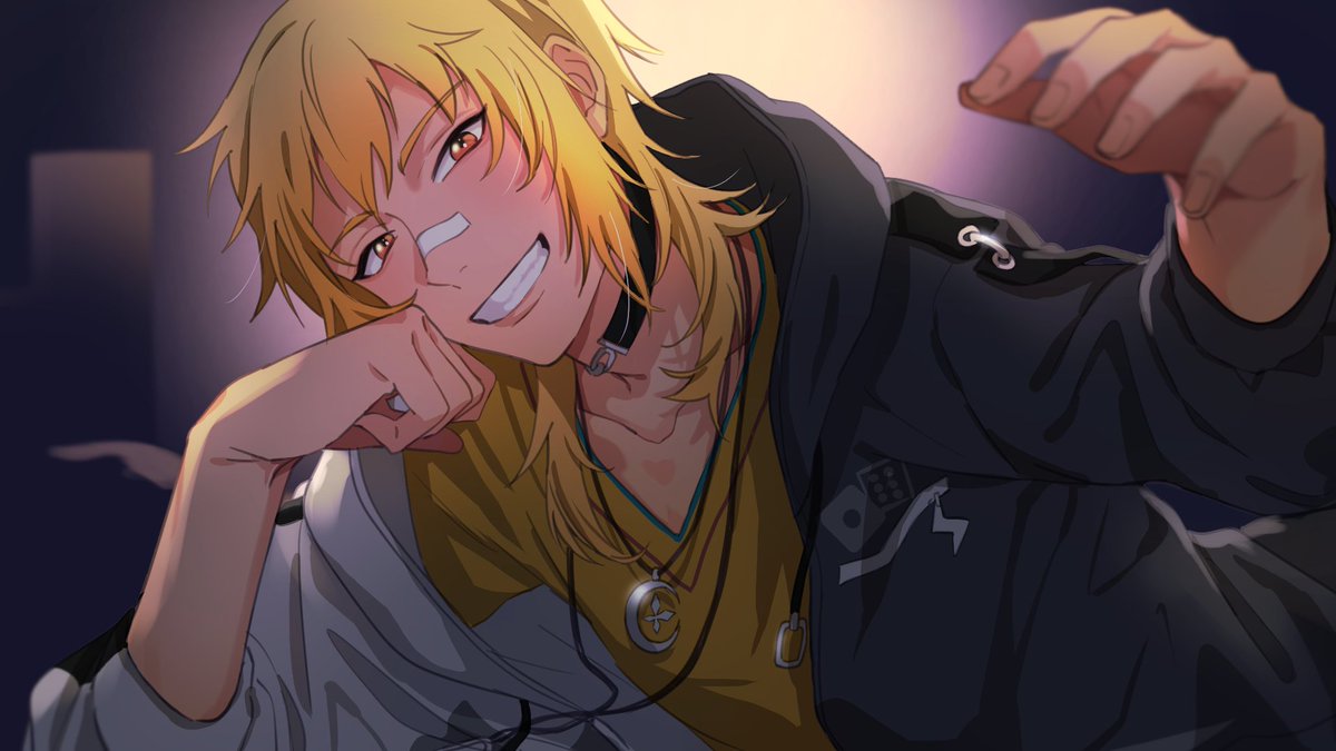 blonde hair male focus 1boy jewelry yellow shirt solo smile  illustration images