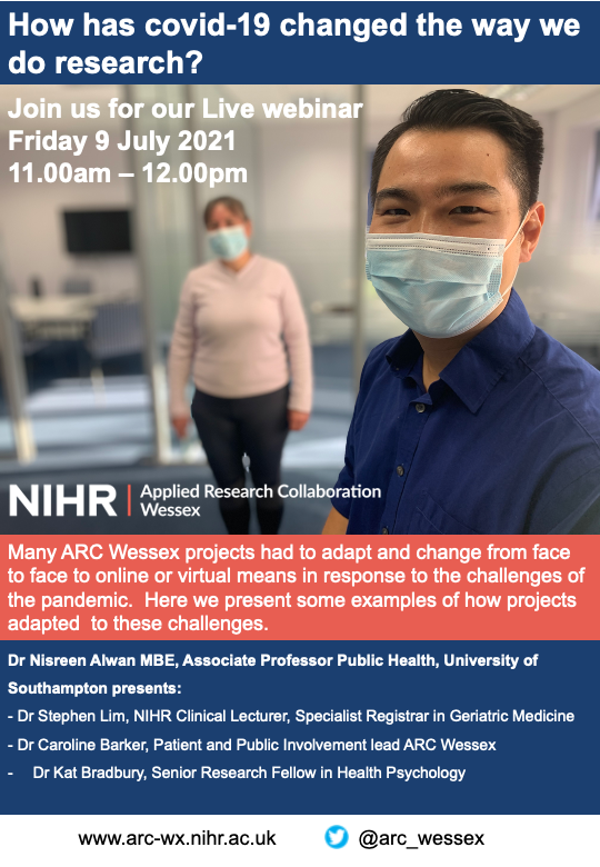 arc_wessex's tweet photo. How has #covid-19 changed the way we do #research ?    

Join us for our Live webinar
Friday 9 July 2021
11.00am – 12.00pm

With @Dr2NisreenAlwan @StephenERLim @crbarker91 and Kat Bradbury 
______________
@georgiecade @AlisonProf @CathyJBowen @UHSRDDirector @IOWNHS @SHFT_Research https://t.co/TzW72N3snl
