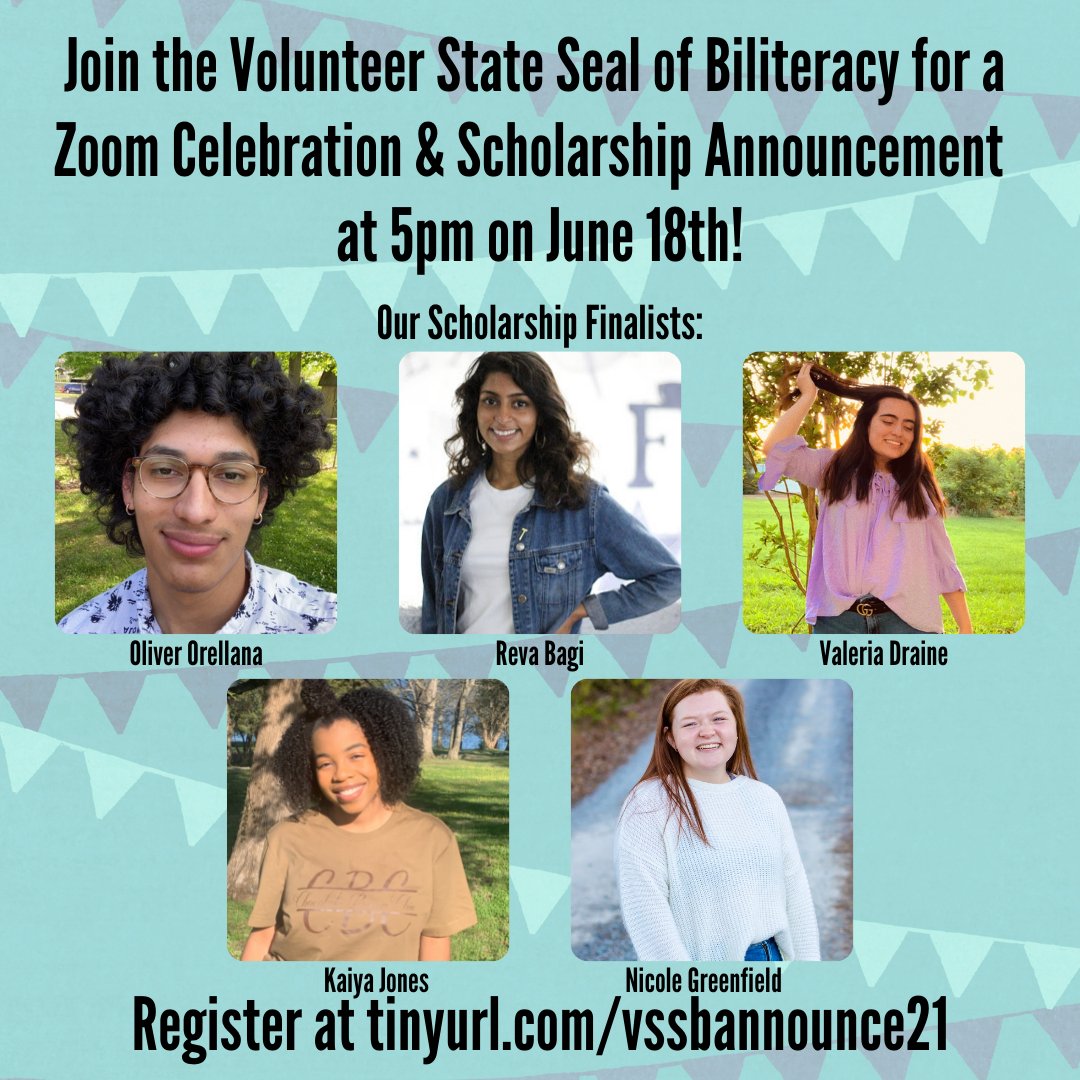 Volunteer State Seal of Biliteracy (@volstateseal) on Twitter photo Join us on June 18th at 5 on Zoom for the announcement of this year's Volunteer State Seal of Biliteracy Scholarship Award recipients! tinyurl.com/vssbannounce21
<a href="/tnedu/">TN Dept of Education</a> <a href="/SBEd_TN/">TN State Board of Education</a> <a href="/tntesol/">TNTESOL</a> <a href="/TFLTA/">طفلة البريئة</a> <a href="/ut_tlc/">Tennessee Language Center</a> <a href="/EdTrustTN/">EdTrust-Tennessee</a> <a href="/TLACC/">TN Latin American Chamber of Commerce</a> <a href="/TNHigherEd/">Tennessee Higher Education Commission</a> <a href="/TNChamber/">Tennessee Chamber of Commerce & Industry</a> <a href="/maddoxfundTN/">Maddox Fund</a> Join us on June 18th at 5 on Zoom for the announcement of this year's Volunteer State Seal of Biliteracy Scholarship Award recipients! tinyurl.com/vssbannounce21
<a href="/tnedu/">TN Dept of Education</a> <a href="/SBEd_TN/">TN State Board of Education</a> <a href="/tntesol/">TNTESOL</a> <a href="/TFLTA/">طفلة البريئة</a> <a href="/ut_tlc/">Tennessee Language Center</a> <a href="/EdTrustTN/">EdTrust-Tennessee</a> <a href="/TLACC/">TN Latin American Chamber of Commerce</a> <a href="/TNHigherEd/">Tennessee Higher Education Commission</a> <a href="/TNChamber/">Tennessee Chamber of Commerce & Industry</a> <a href="/maddoxfundTN/">Maddox Fund</a>
