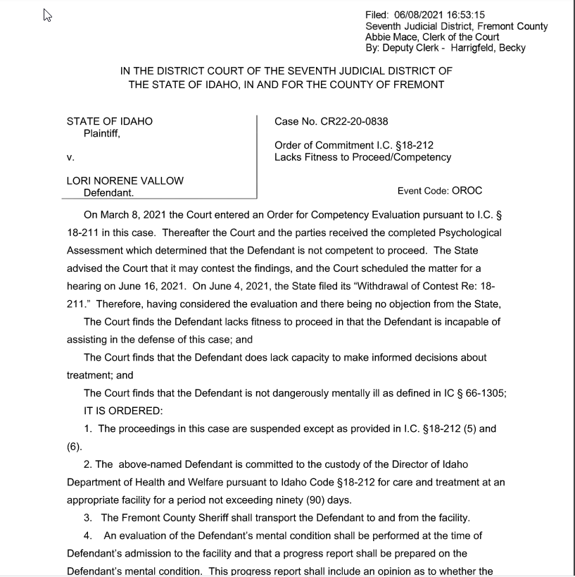 cathyrusson's tweet photo. BREAKING: Judge has signed an Order of Commitment for #LoriVallowDaybell. Prosecutor is no longer disputing the findings that Lori is not fit for trial. @LawCrimeNetwork #TyleeJj https://t.co/JhsUSELR35