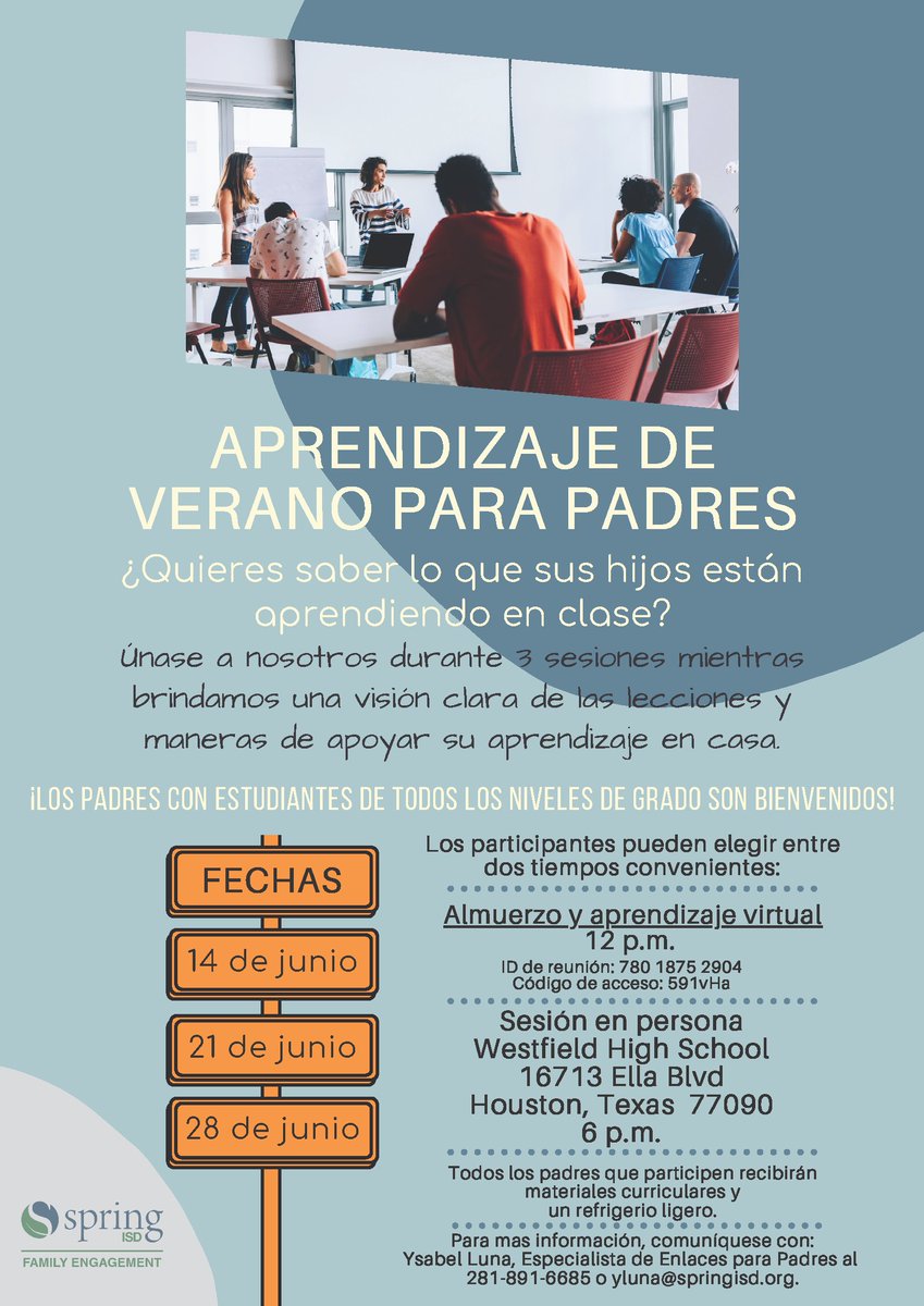 SpringEspanol's tweet photo. ¿Quieres saber lo que sus hijos están aprendiendo en clase? Únase a nosotros durante 3 sesiones mientras brindamos una visión clara de las lecciones y maneras de apoyar su aprendizaje en casa. Para mas información, comuníquese 281-891-6685 o yluna@springisd.org. https://t.co/Zs1JZj0I2K