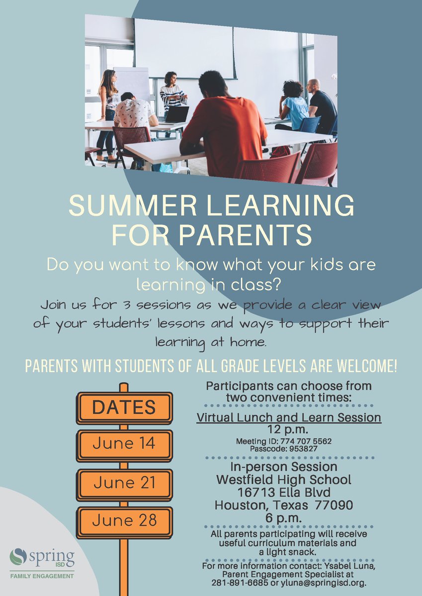 SpringISD's tweet photo. Spring ISD is offering summer learning sessions for families who would like to see what their children are learning in school to better support their education at home. Sessions will be held on Mondays beginning on June 14.  To learn more, call 281-891-6685. https://t.co/n6ufFaIPHj
