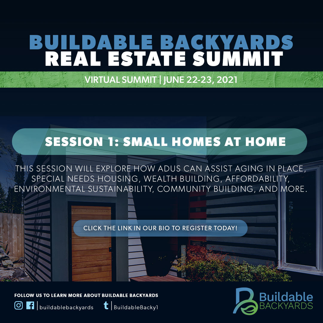 BuildableBacky1's tweet image. Session 1: Small Homes at Home - Our opening session will provide foundational and policy background on ADUs, benefits of development, and opportunities for nonprofits.  #adu #buildablebackyards #sustainableliving #grannyflat #housingequity #housingforall