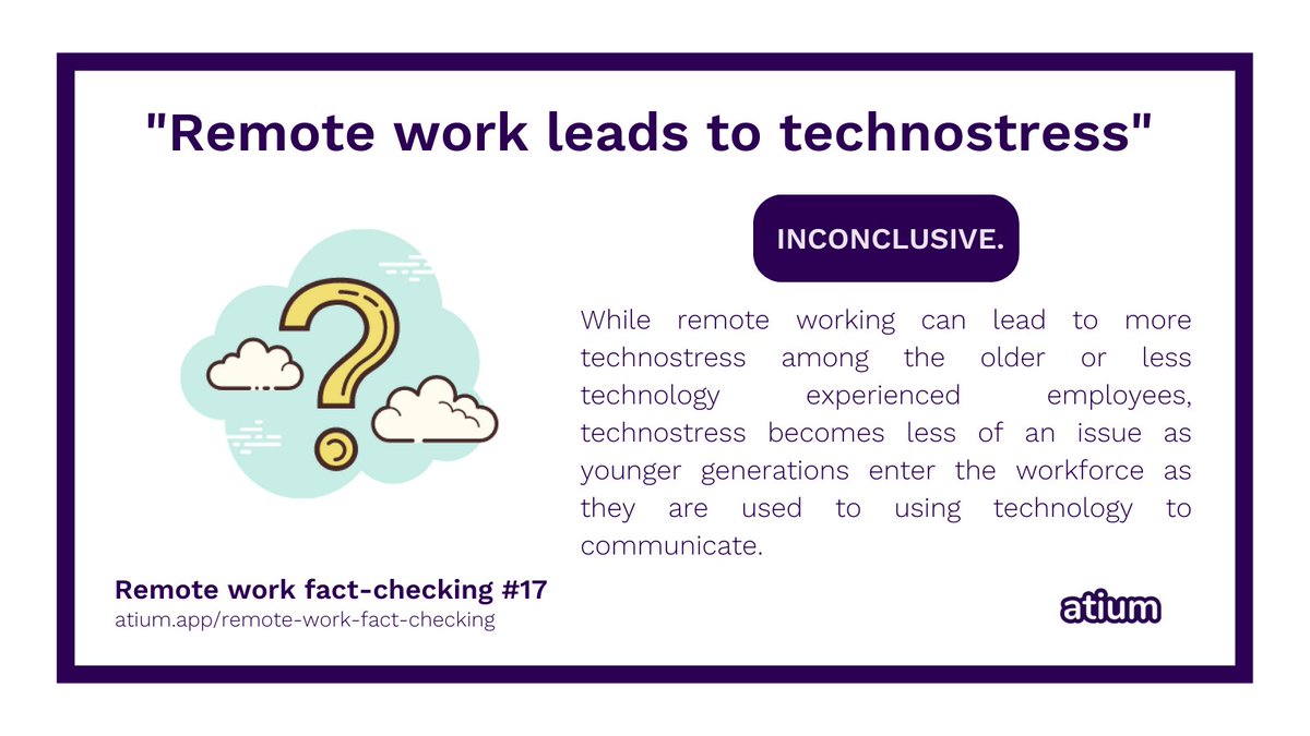 Remote work fact-checking Day 17 - 'Remote work leads to technostress' ⚠️

If you want to find out how we reached our conclusions, you can read the full report here: buff.ly/2S8yPIc

See all facts in one thread 🧵! buff.ly/3bFDOXL