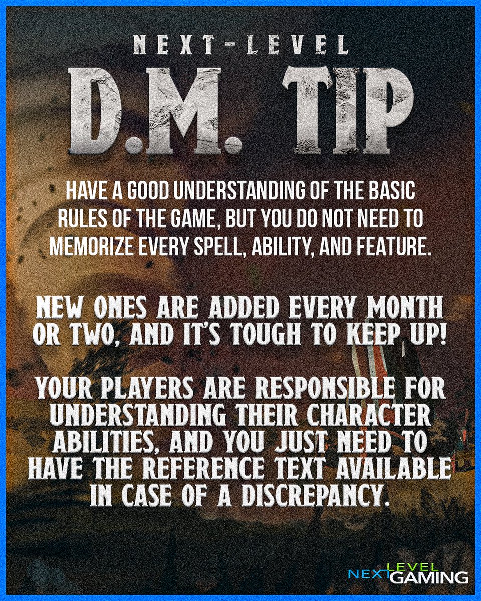 NextLevelDD1's tweet photo. It's important to know the rules, but there are so many other things that make a great #dungeonmaster.  Refine the craft and look up the rules as needed.

#dnd5e #dungeonsanddragons #TTRPGs #griosguidetothewildlands #PerformanceArt 

https://t.co/QKigmtPl80 https://t.co/NDSYhXqYUA