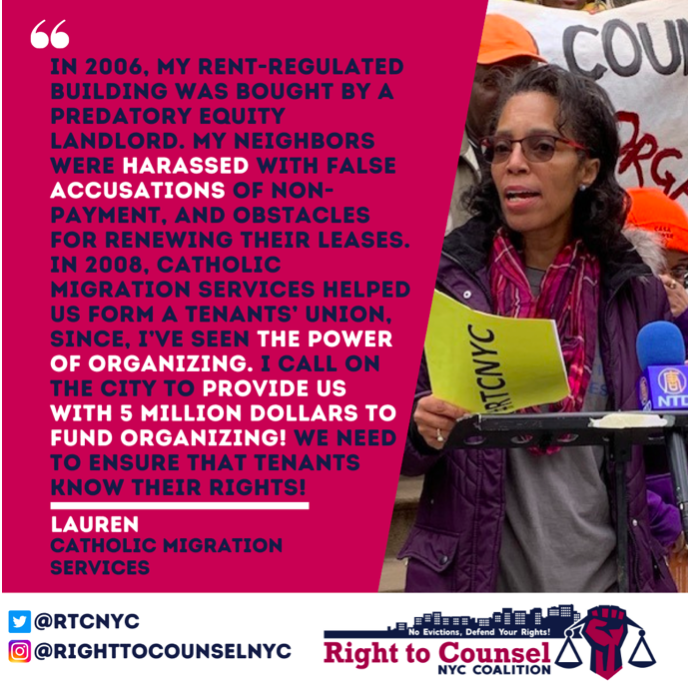CMSBQ's tweet photo. Right to Counsel is proven to stop evictions, but many tenants who are eligible for RTC don’t know about it or are afraid to use it. We need $5 million in the budget to FULLY FUND Local Law 53, so organizers across NYC can support tenants to #StopEvictions! #PowerToOrganize https://t.co/zXKjMcoFz2