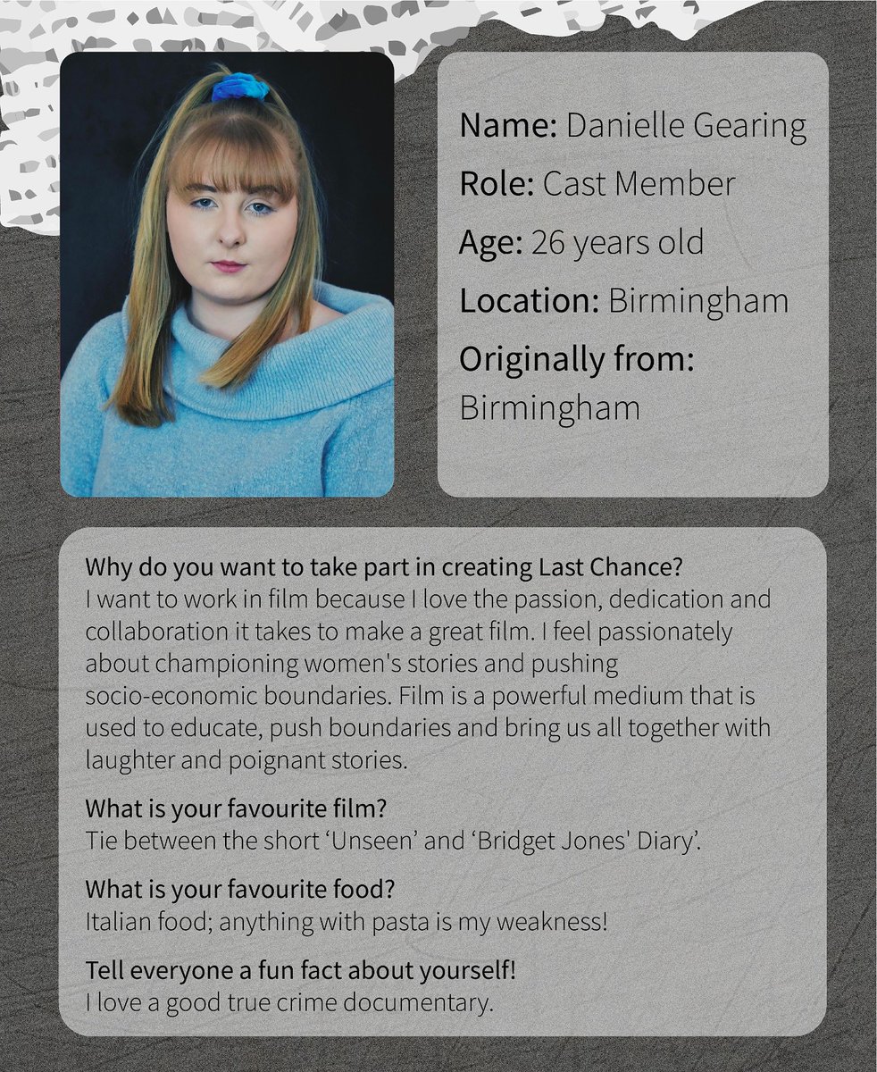 Last_ChanceFilm's tweet photo. It's Day 11 of our crowdfunder campaign &amp; we're annoucing our next cast member @danijgearing 🙌
Danielle's taking over our socials &amp; doing an "ask me anything" on our Insta this eve!
In the meantime, why not see if any of our pledges take your fancy! 👇
https://t.co/Sc0zJwkBuK https://t.co/hRhZOJijhh