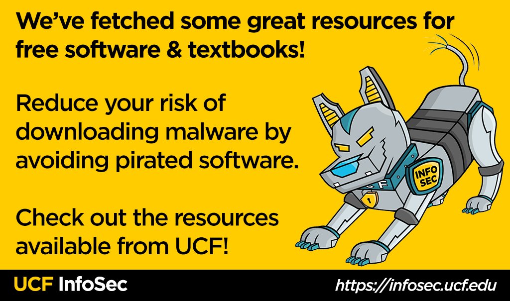 UCF_InfoSec's tweet image. UCF is working hard to help our Knights stay safe online and avoid malware. 1⃣ in 3⃣ pirated software installs results in irreparable damage. We know textbooks and software prices are often pricey but @UCF_IT and @UCFLibrary have the following resources to help: 1/6